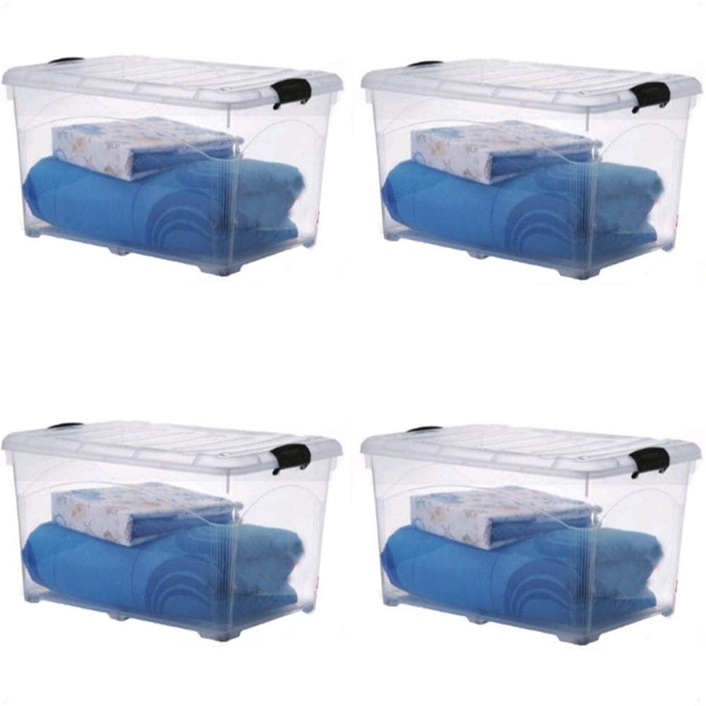 4 Caixas Organizadoras 95 Lts Transparente Travas E Rodinhas