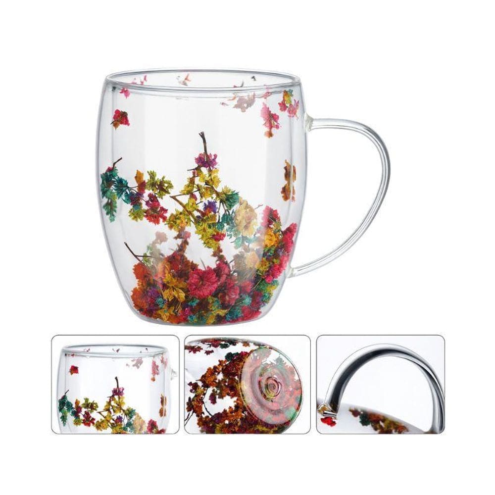 Xícara De Vidro Duplo 350Ml Com Flores Naturais Preservadas