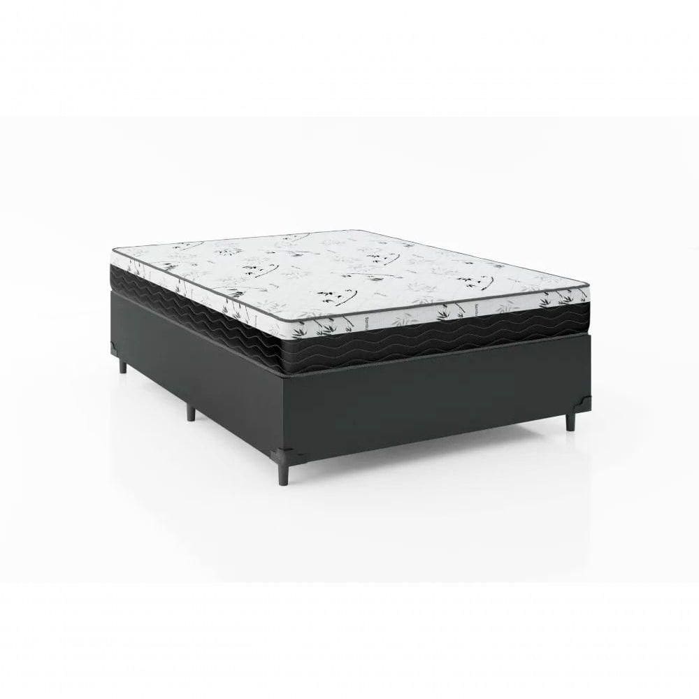 Cama Box Casal 138 Sintético Preto Com Colchão Espuma D33 One Face - Bello Box - 58x138x188