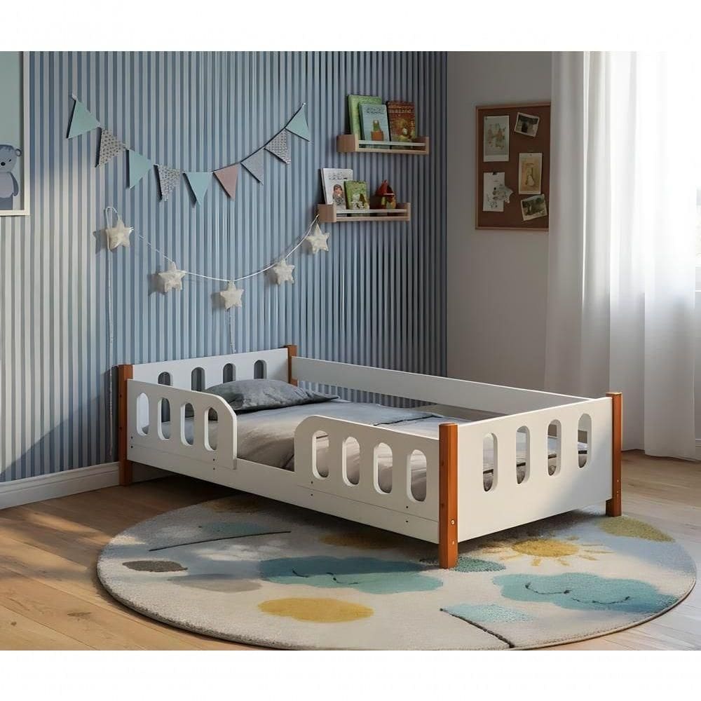 Cama De Chão Montessoriana Infantil Branca Com Gradinha