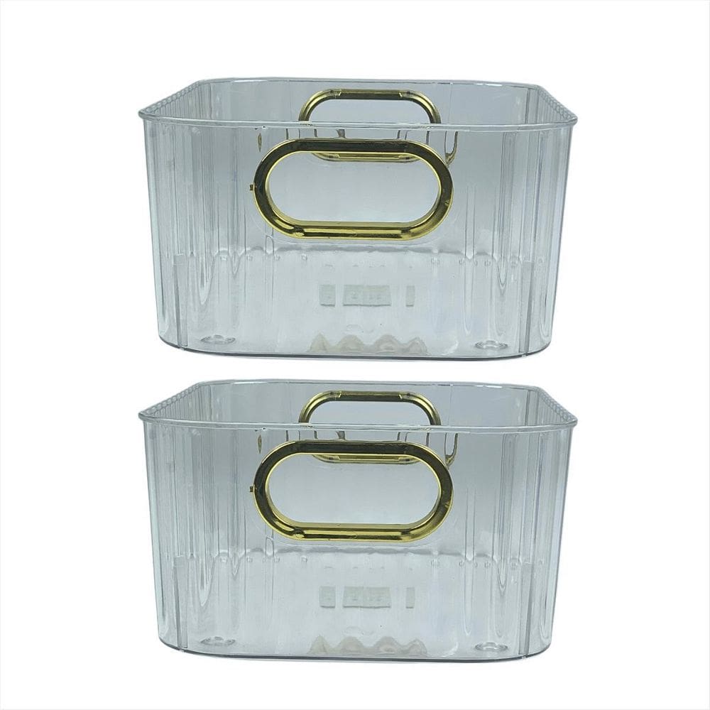 2 Caixas Multiuso Transparente Alça Dourada Porta Objetos
