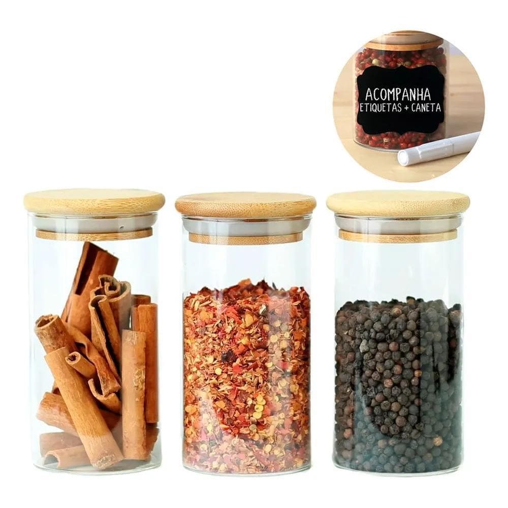 2X Kit Com 3 Potes Herméticos De Vidro Com Tampa Bambu 300Ml