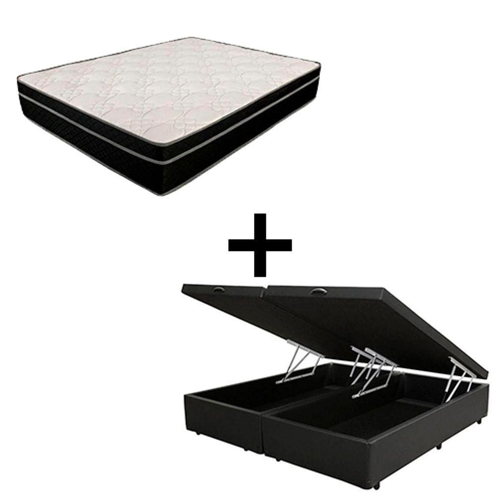 Cama Box Baú Casal 138 Bipartido - Tecido Sintético Preto Com Colchão Paris - Molas Ensacadas Preto 67x138x188