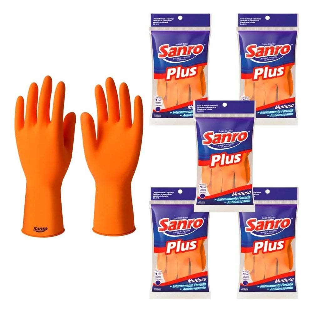 10X Kit 5 Prs Luva De Látex Natural Laranja Sanro Plus Limp