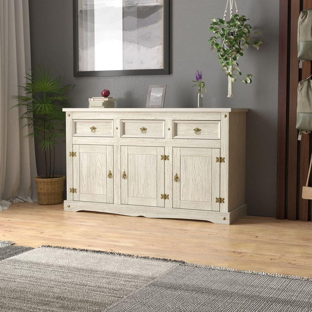 Aparador Buffet Em Madeira 3 Portas 3 Gavetas 150 Cm Patina Branca Elliottiis
