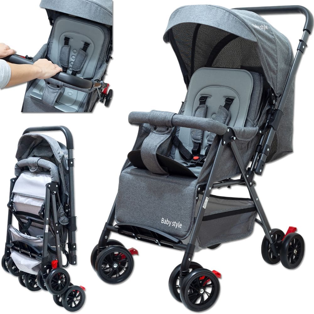 Carrinho de Bebê Reversível Passeio Cinza Runner até 15kg com Capota Retratil Cinto 5 Pontos e INMETRO