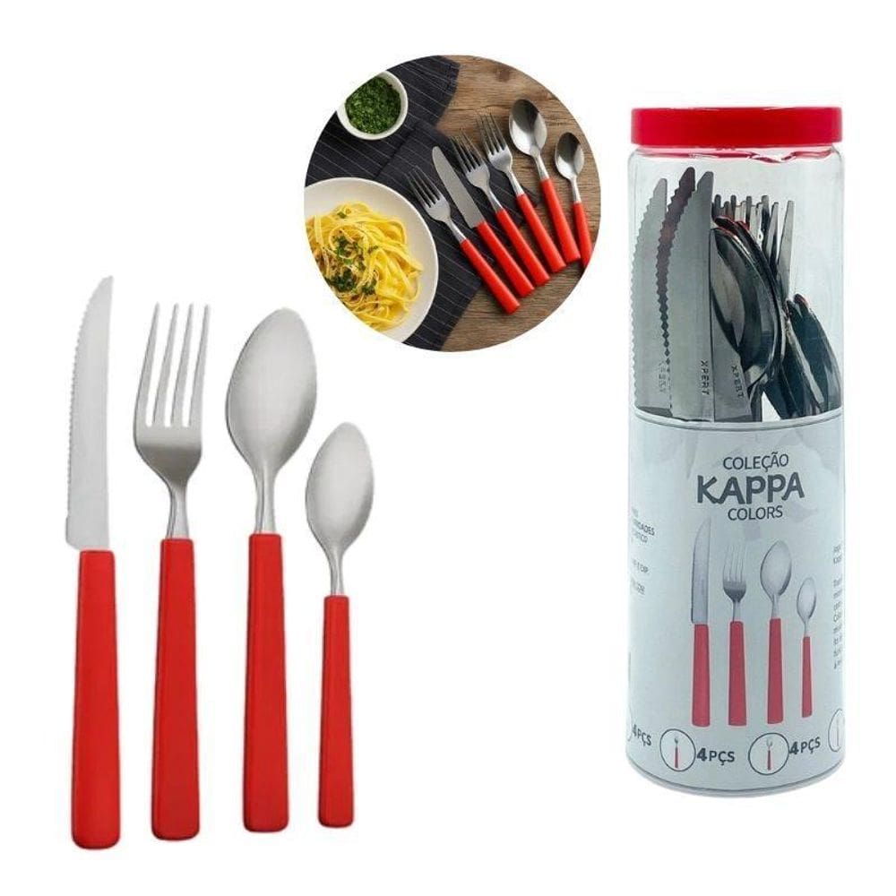 Jogo De Talheres Cabo Vermelho 16 Peças Garfo Faca Colher