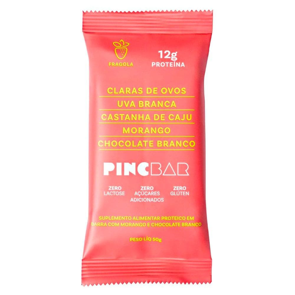Barra de Proteína PincBar Fragola com 12g de Proteína Sabor Morango com Chocolate Branco 50g