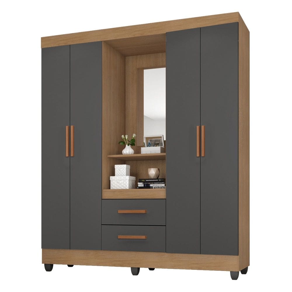 Roupeiro Capela Lite 30460 4 Portas Nicho Penteadeira com Espelho - Nature/ Cinza Móveis Leão