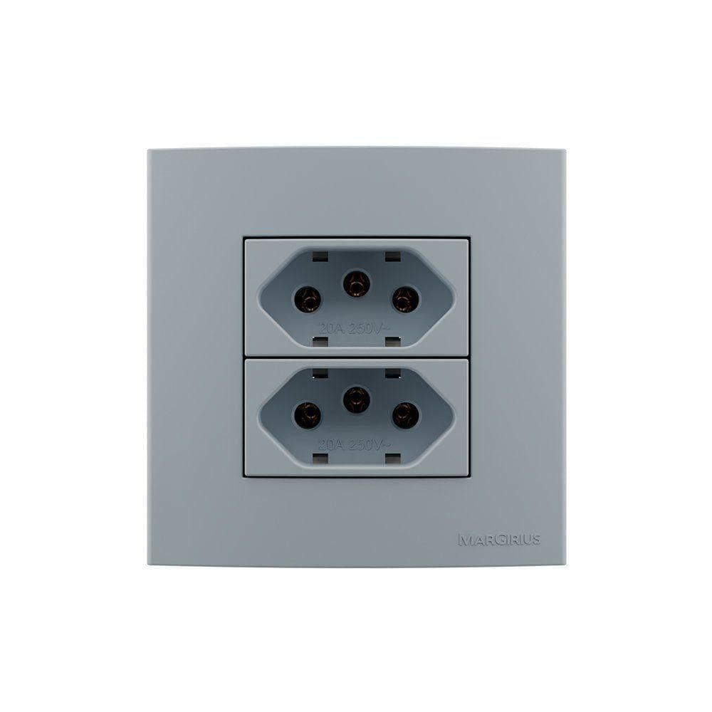 Placa Para Móveis 80x80 Com Tomada Dupla Margirius Sleek Colors 2p+t 20a Cinza Cinza
