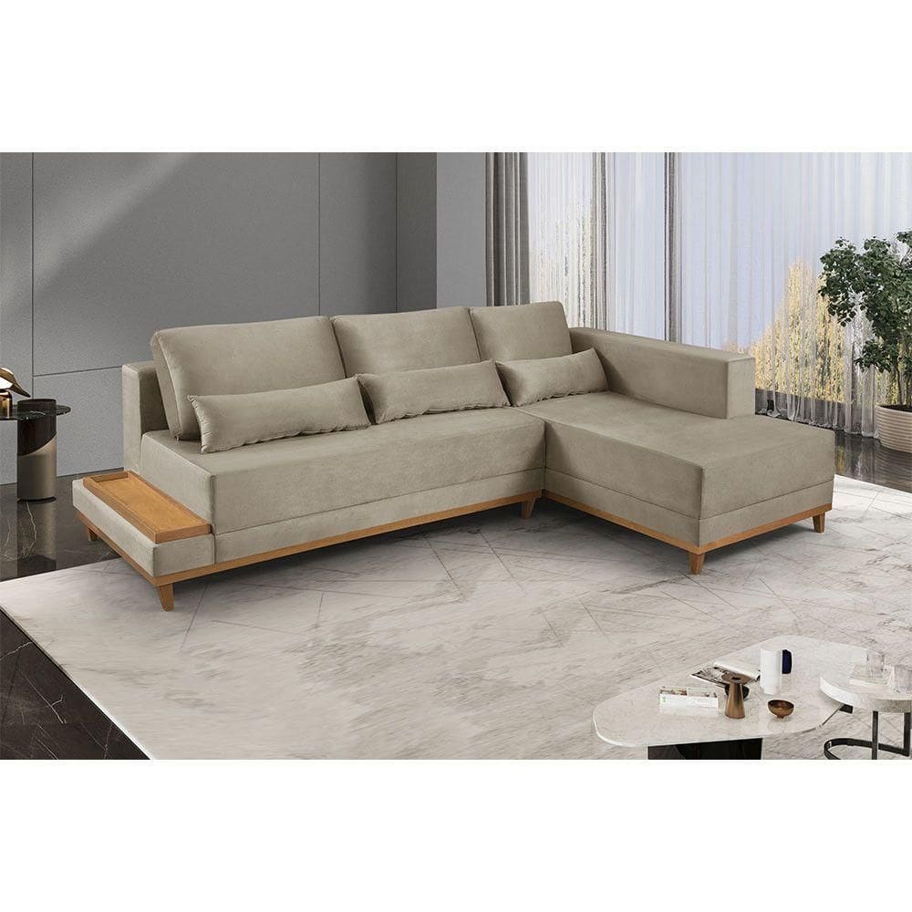 Sofá De Canto 4 Lugares Com Chaise M-174 Estofados Martins Veludo Bege