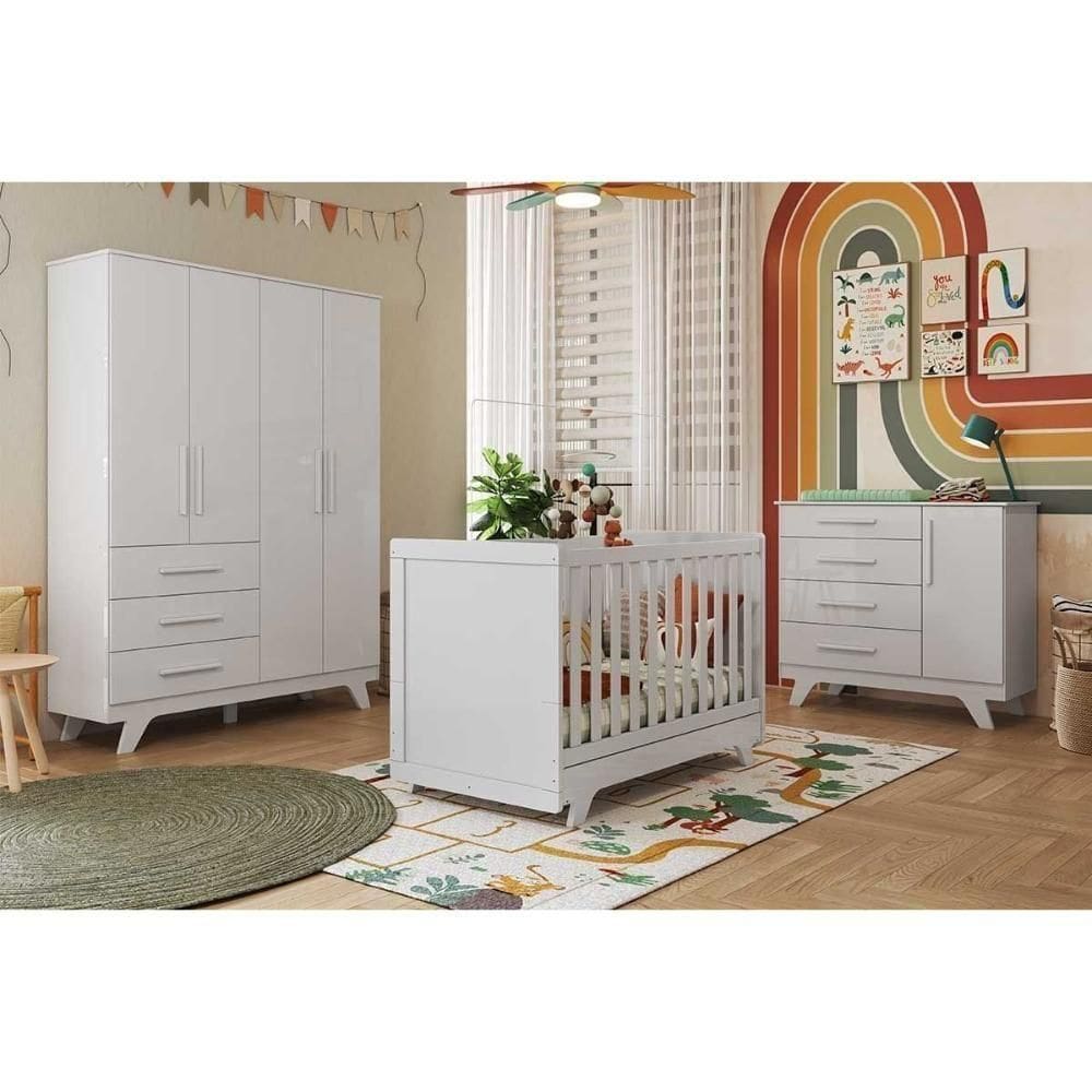 Quarto Infantil Completo Retrô 3 Peças (1guardaroupa+1berço+1cômoda) Qi114 Branco - Peroba