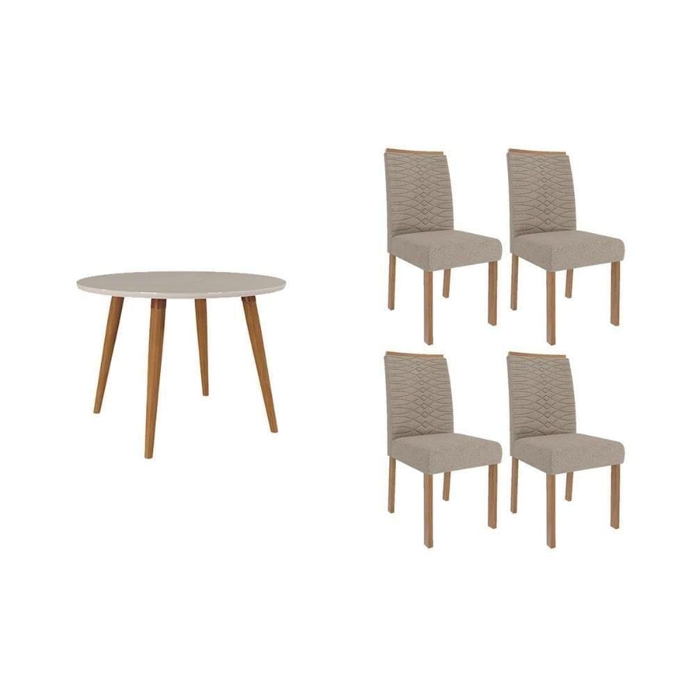 Conjunto: Mesa De Cozinha Dani C- Tampo Madeirado C- Vidro 110cm E 4 Cadeiras Clarice Madeirado- Linho Bege - Cimol
