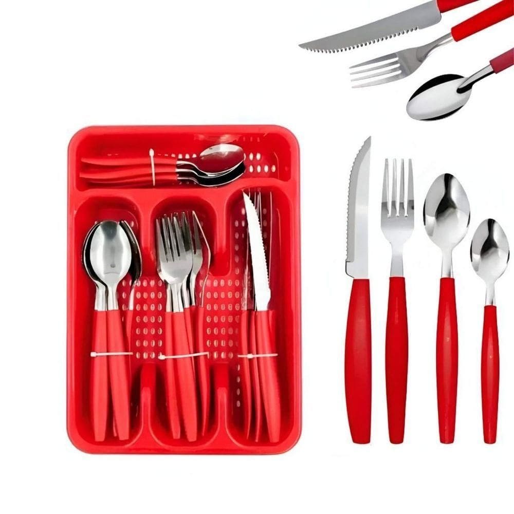 Kit Jogo De Faqueiro 25 Peças Com Porta Talheres Vermelha