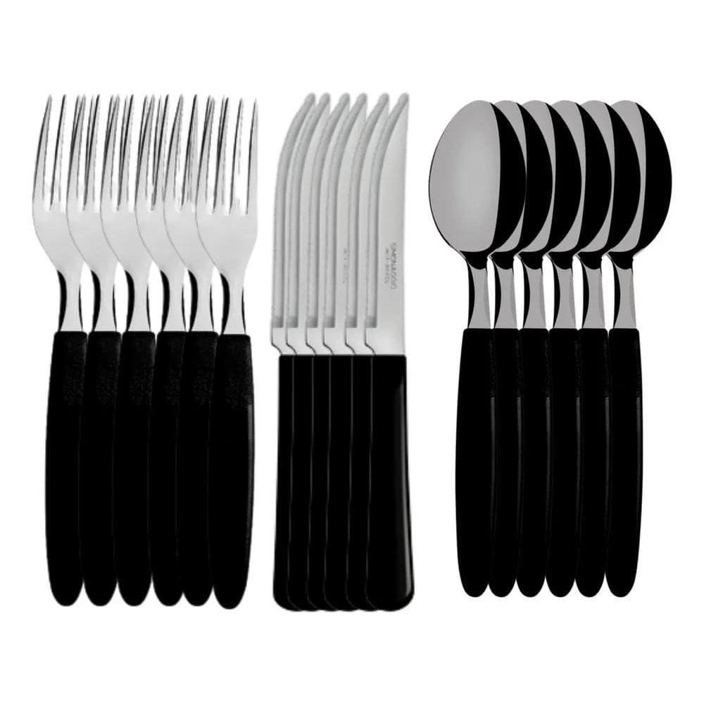2X Kit Jogo 18 Talheres Faca Garfo Colher Inox Cabo Preto Pr