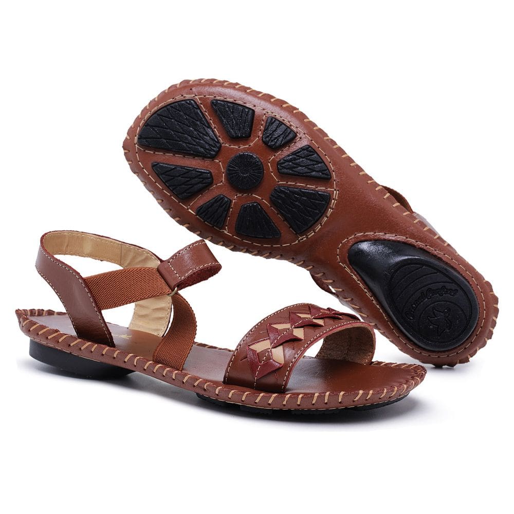 Sandália Rasteira Feminina Couro Autêntico Conforto Detalhe Estrela Artesanal Solado Costurado a Mão