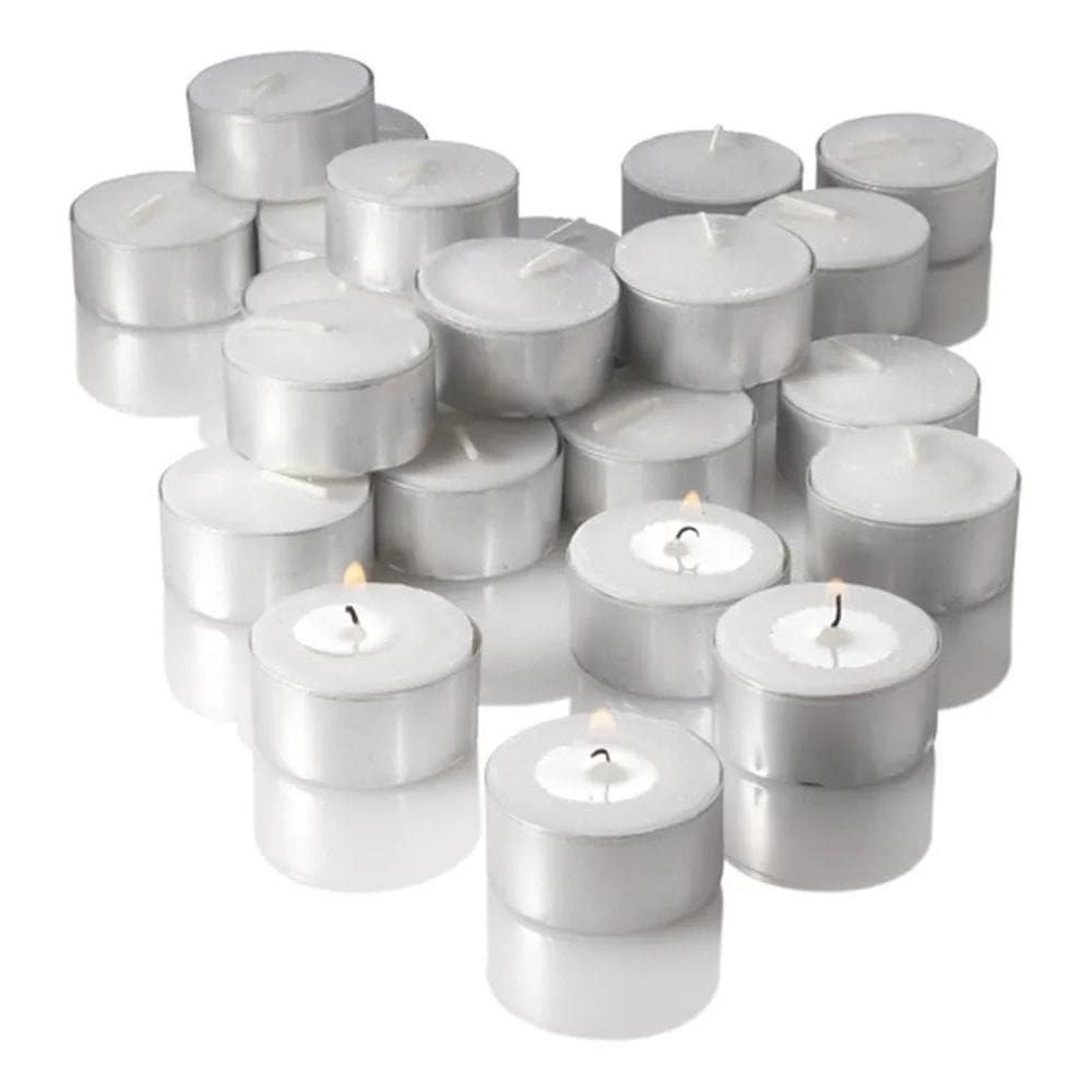 10X Kit 50 Velas Rechaud 14Gr Brancas Botânica Em Alumínio