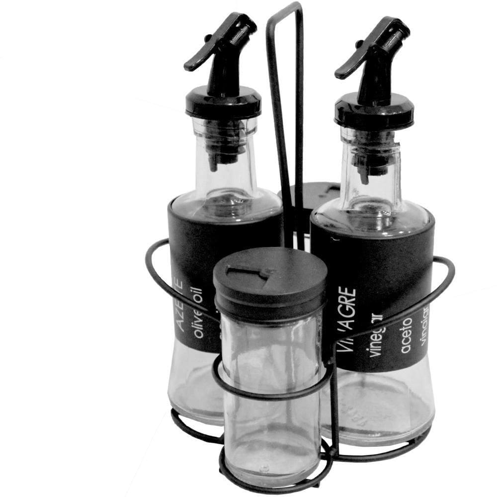 Galheteiro Vidro 4 Peças 200/85Ml Suporte Aramado Black