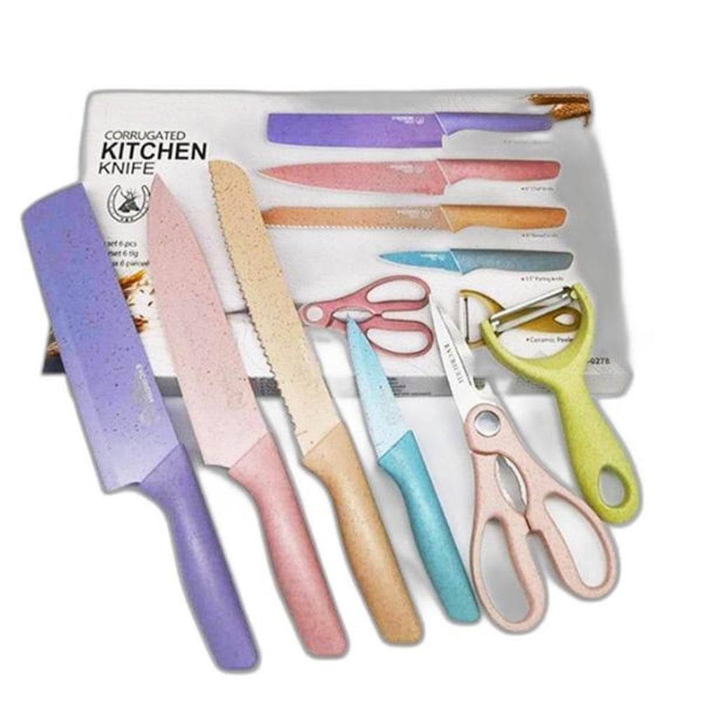 Jogo De Facas 6 Peças Antiaderente Coloridas Cutelo Tesoura