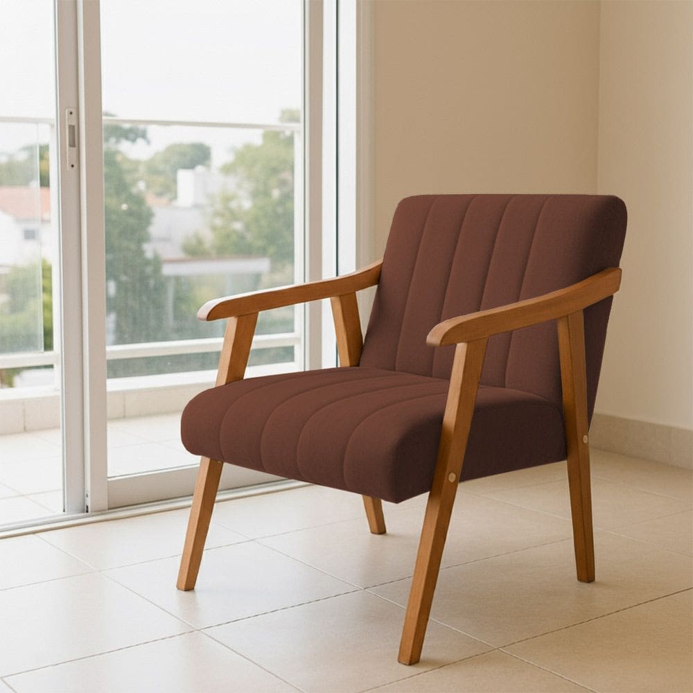 Poltrona Decorativa com Braço em Madeira Maciça Livia Veludo Marrom