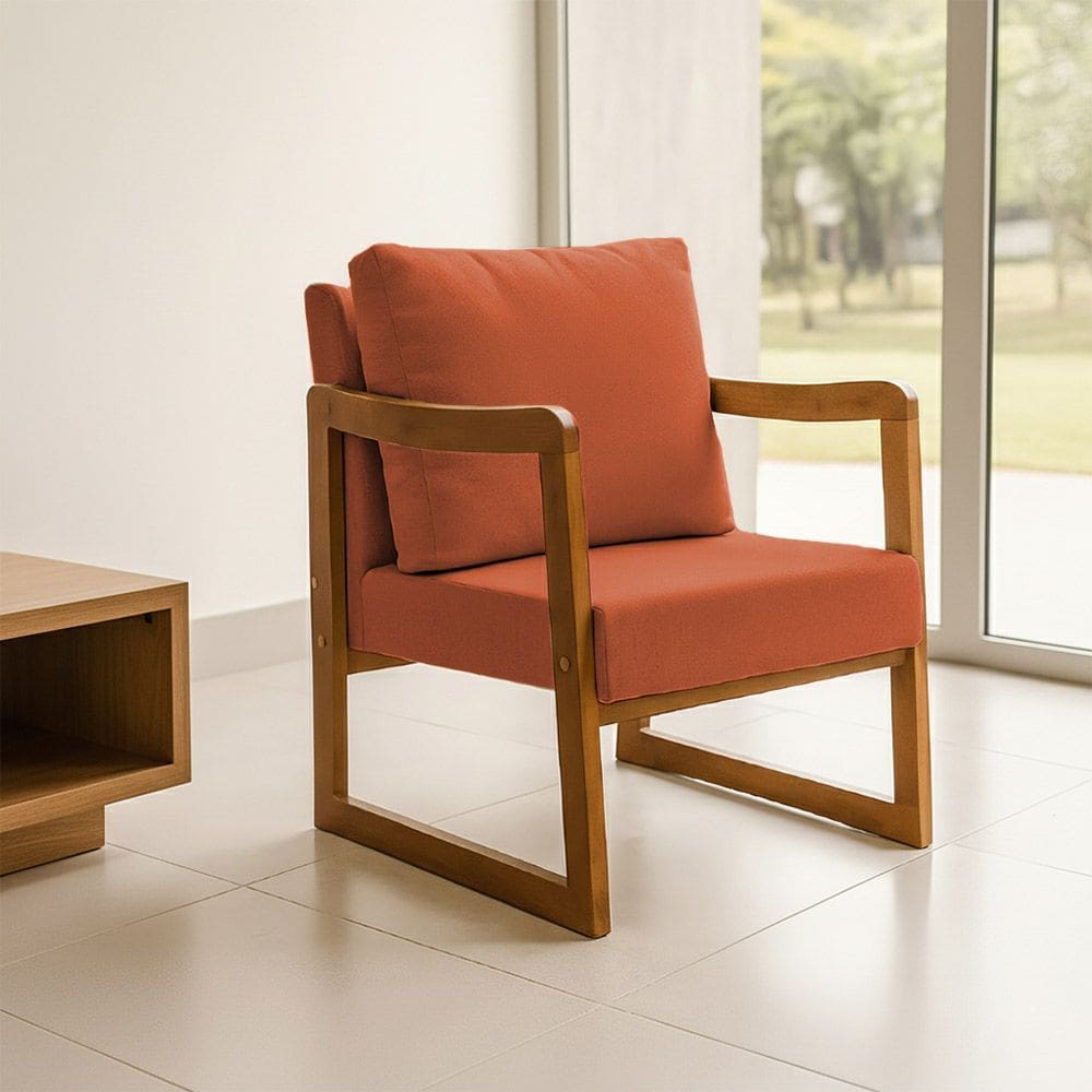 Poltrona Decorativa com Braço em Madeira Maciça Alice Linho Terracota