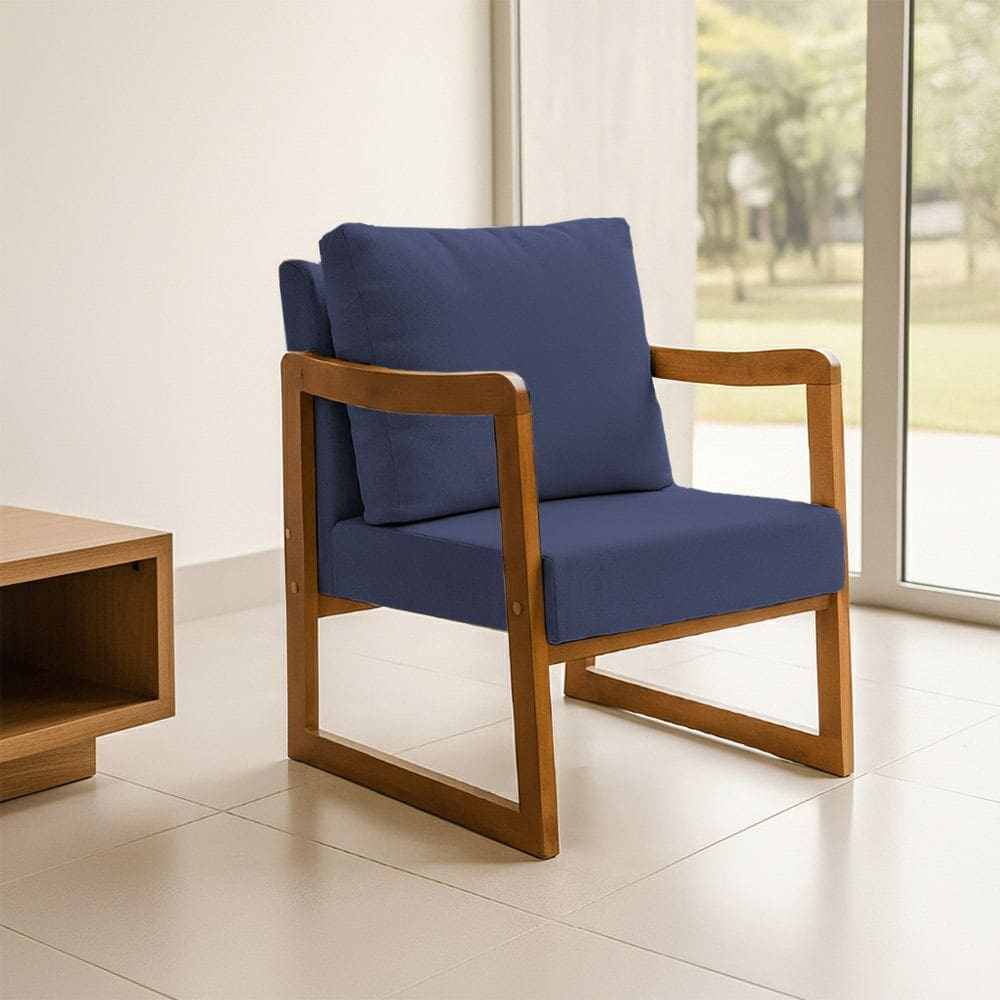 Poltrona Decorativa com Braço em Madeira Maciça Alice Linho Azul