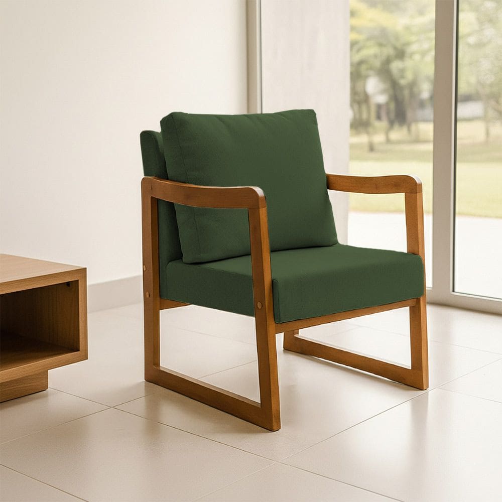 Poltrona Decorativa com Braço em Madeira Maciça Alice Linho Verde