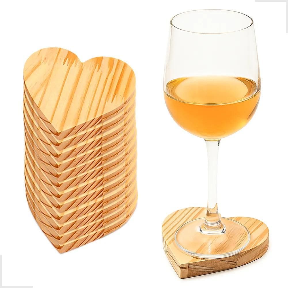 10X Kit 10 Porta Copos Coração Amor Rústico Madeira Artesan