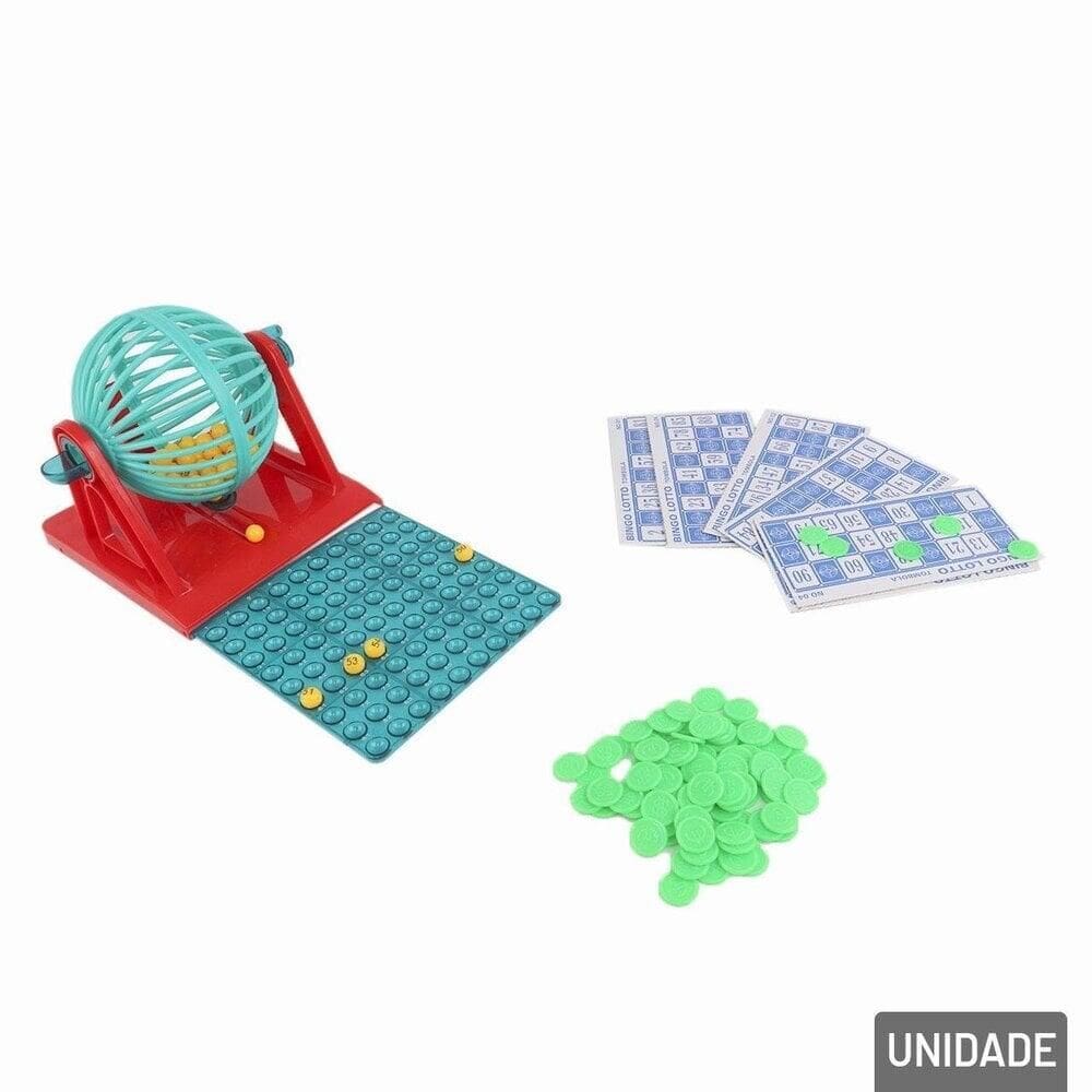 Bingo com 12 Cartelas e Globo Giratório com Fichas - Tudo em Caixa