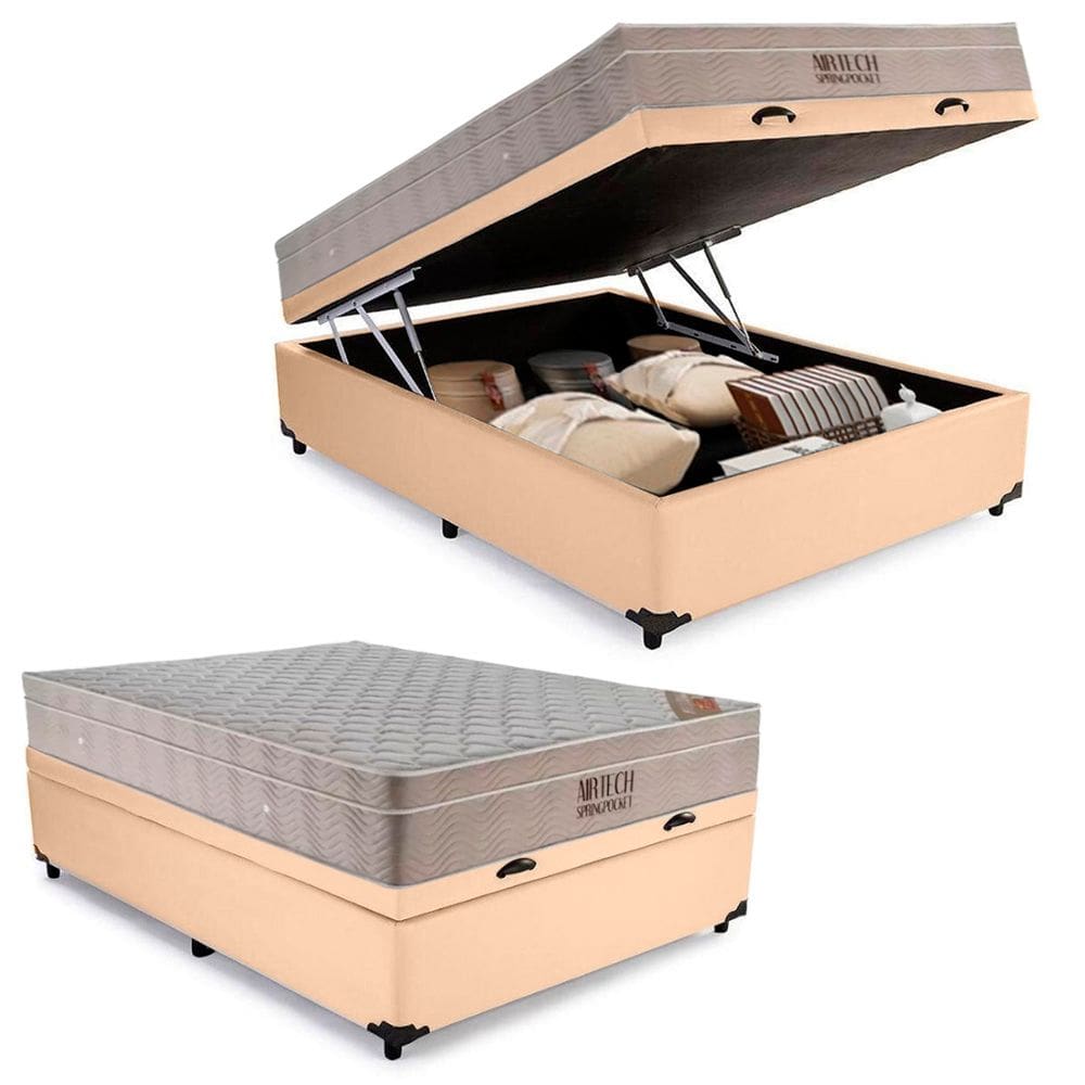 Cama Box Baú Casal Sintético + Colchão Casal Molas Ensacadas AirTech Ortobom 67x138x188 Bege