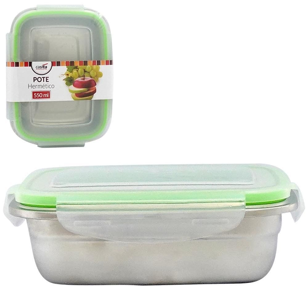 Pote Inox Retangular 550Ml Com Tampa Hermética E Trava