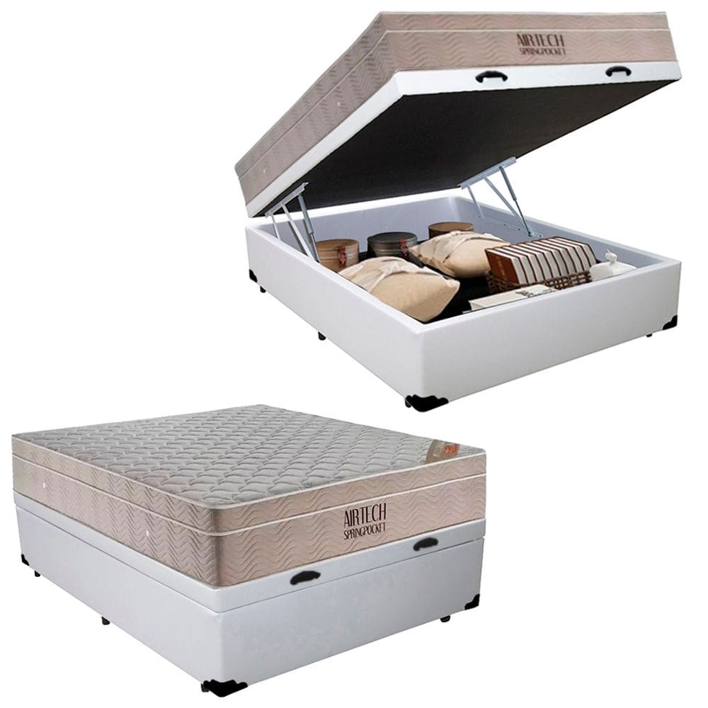 Cama Box Baú Casal Sintético + Colchão Molas Ensacadas Ortobom AirTech 138x188x67 Branco