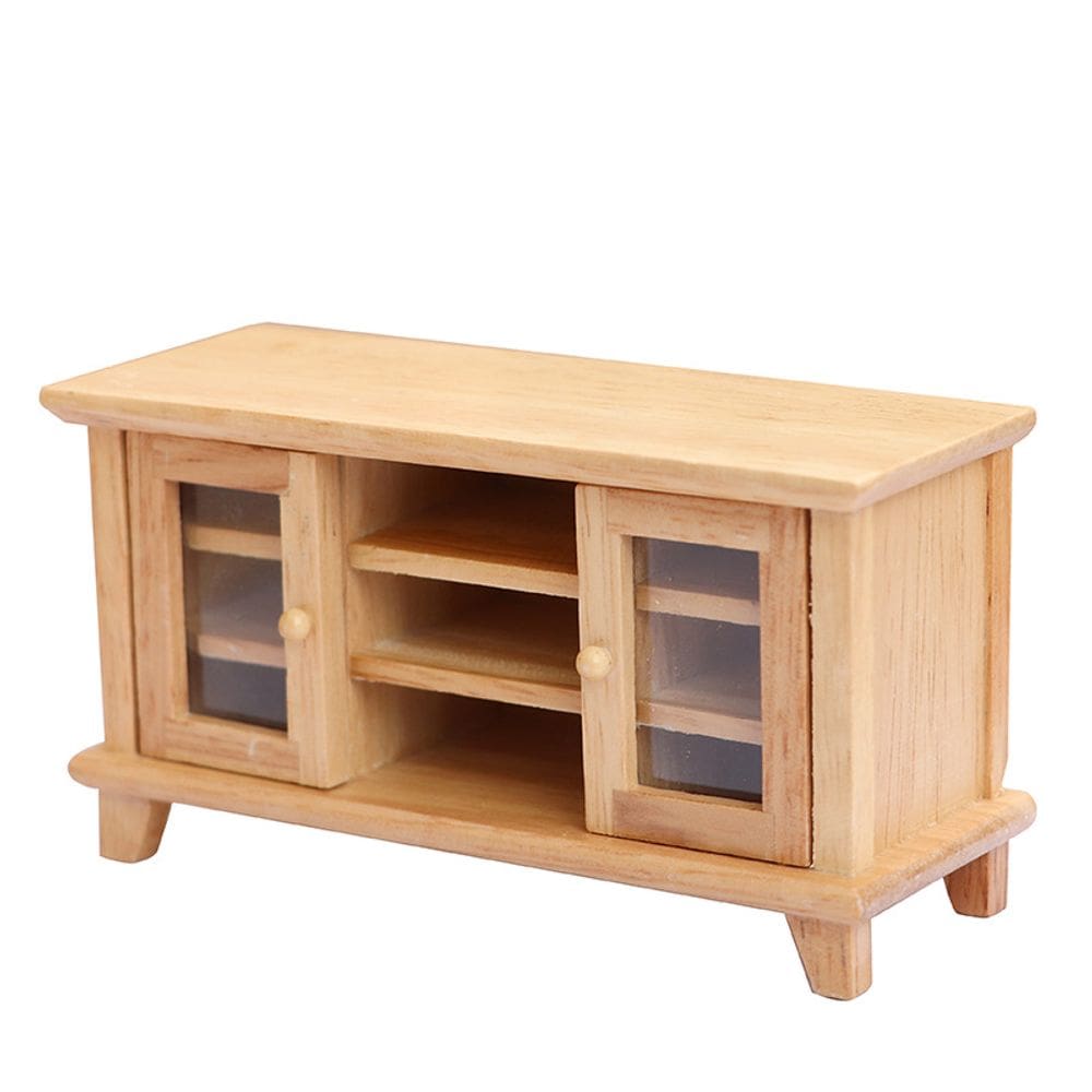 Armário de TV Dollhouse em miniatura com porta dupla de madeira em escala 1:12