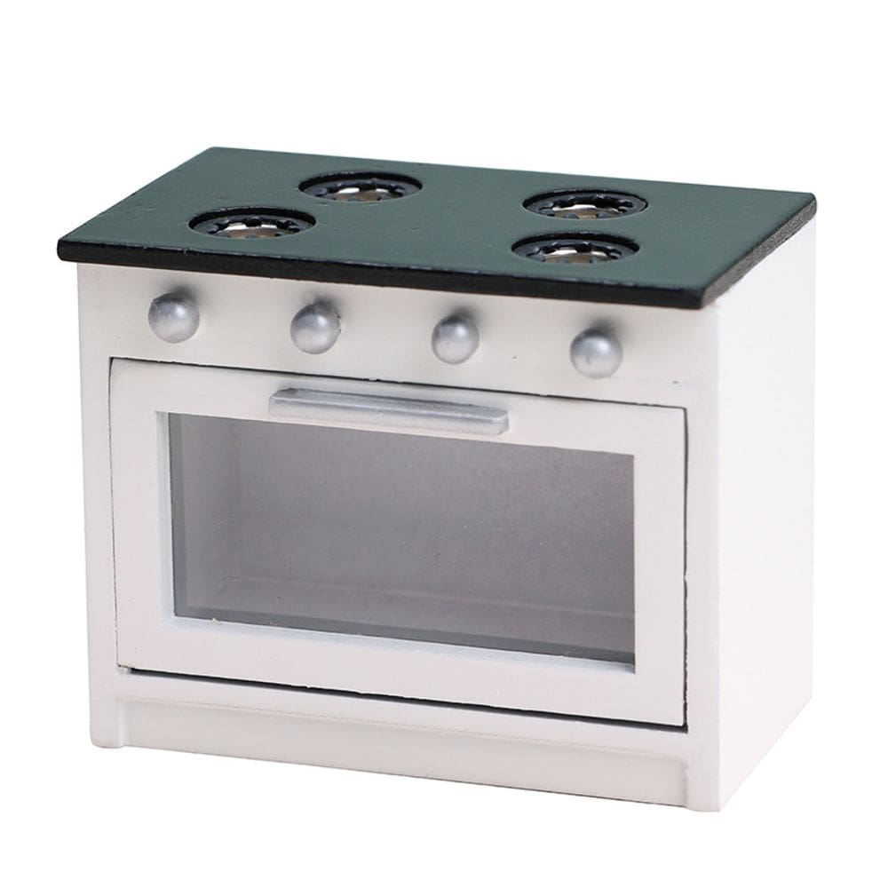Fogão de cozinha Dollhouse em miniatura, forno de madeira em escala 1:12