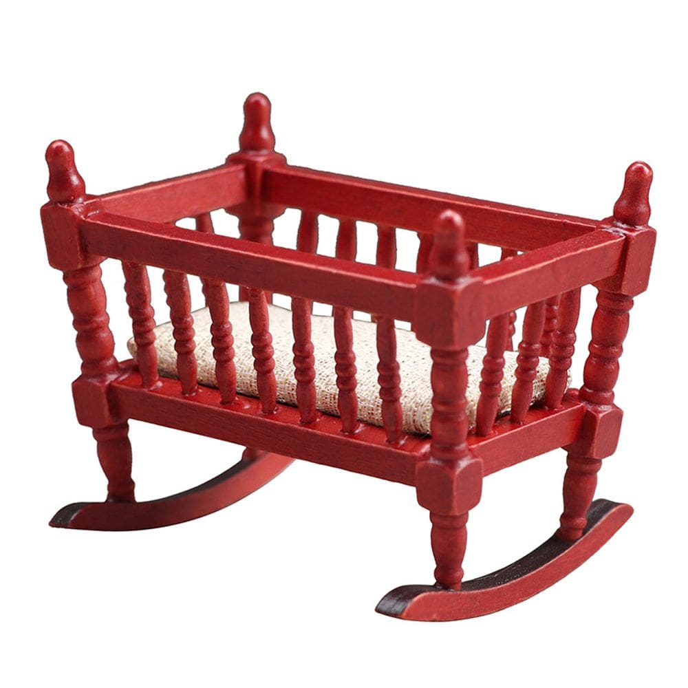 Móveis de casa de bonecas em miniatura, berço vermelho de madeira, escala 1:12