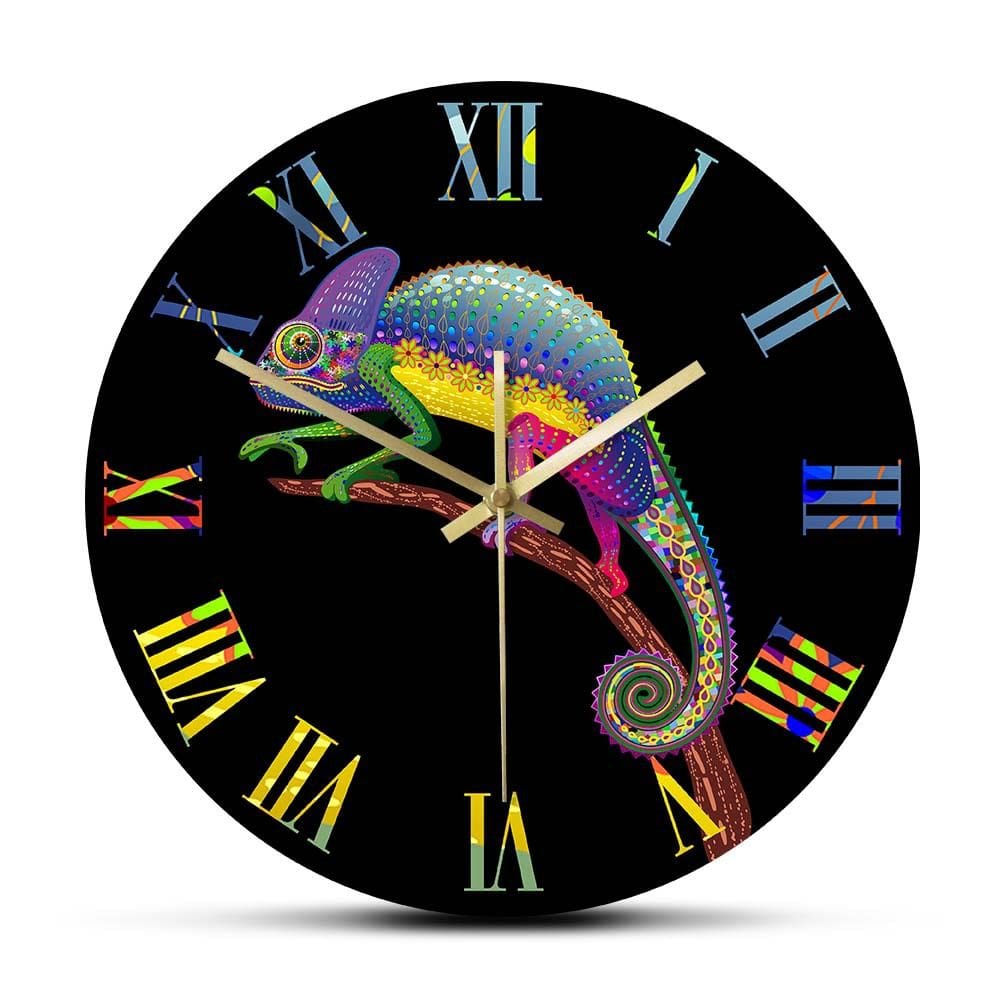 Relógio de parede colorido camaleão de 30 cm silencioso sem tique-taque