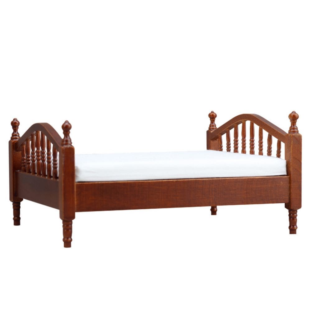 Mobiliário de casa de bonecas em miniatura, cama individual clássica de madeira
