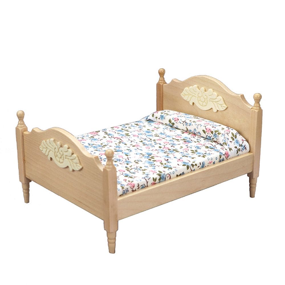 Móveis de casa de bonecas em miniatura, cama de madeira, escala 1:12 com roupa de cama