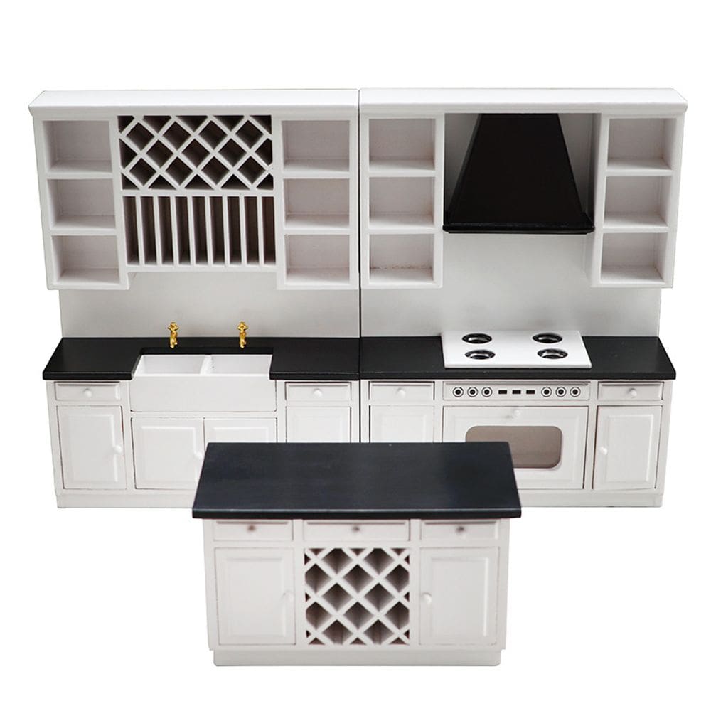 Conjunto de cozinha em miniatura Dollhouse em escala 1:12 branco moderno