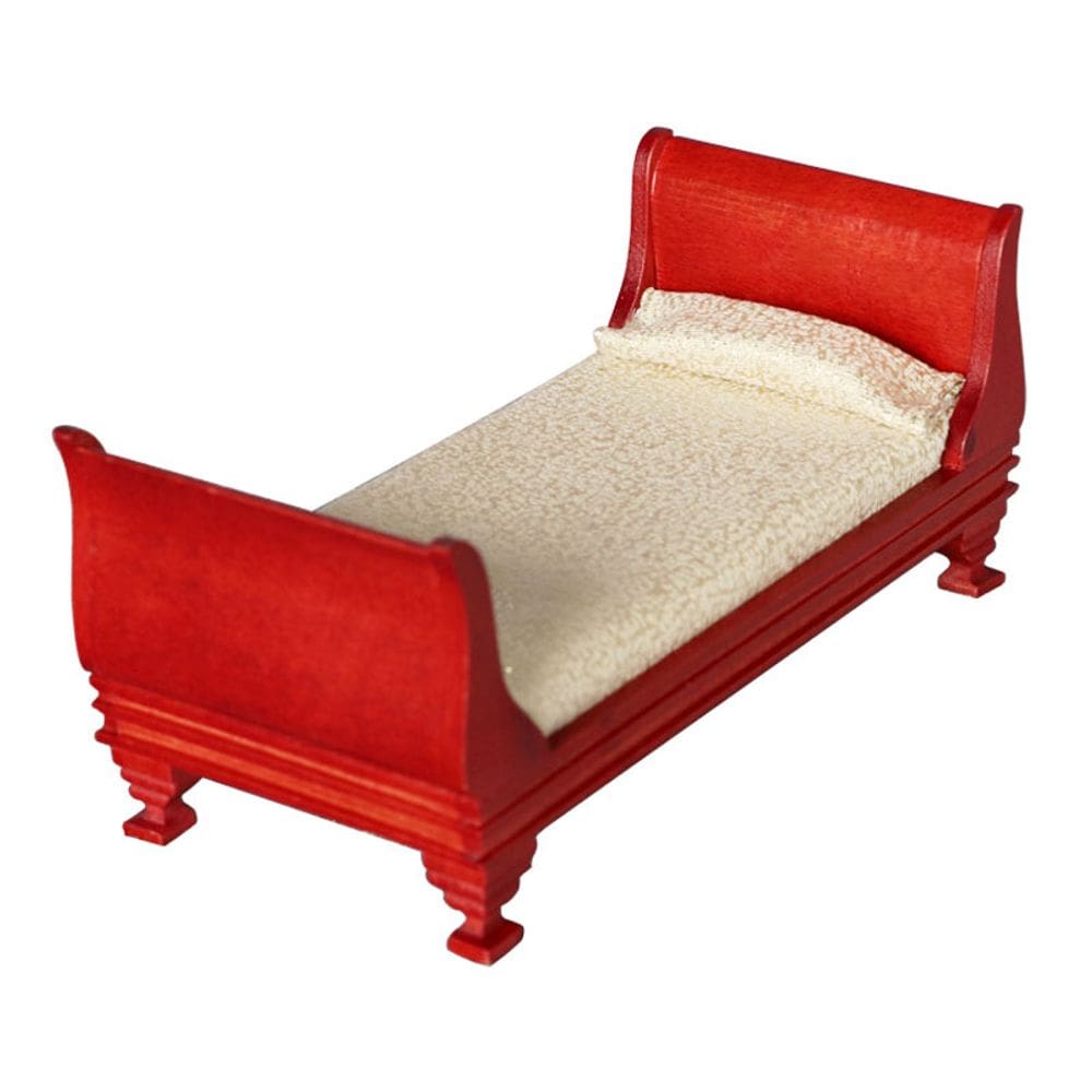 Cama de mobília de casa de bonecas em miniatura em madeira vermelha em escala 1:12