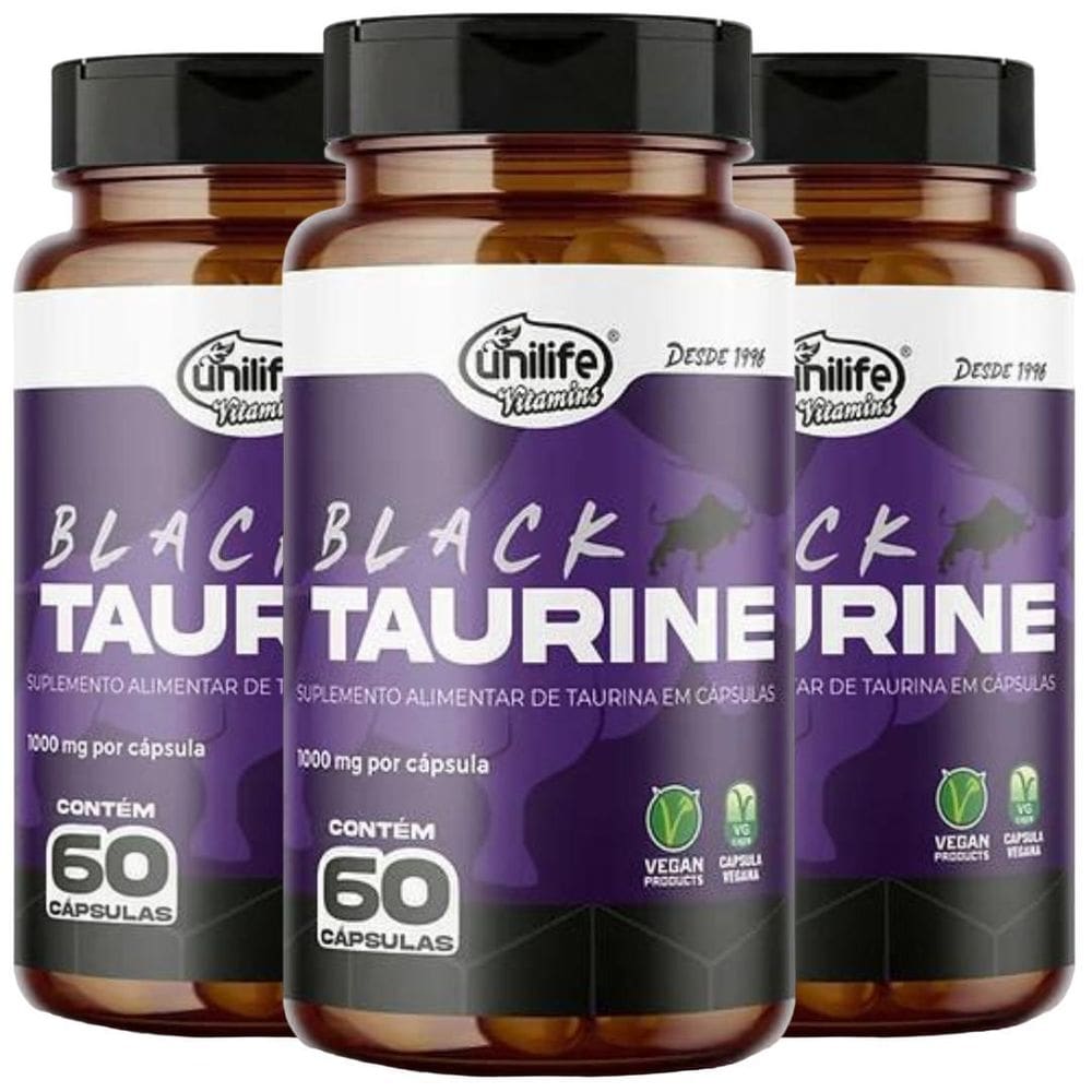 Taurina Suplemento Alimentar Vegano 60 Cáps 1000Mg Kit Com 3