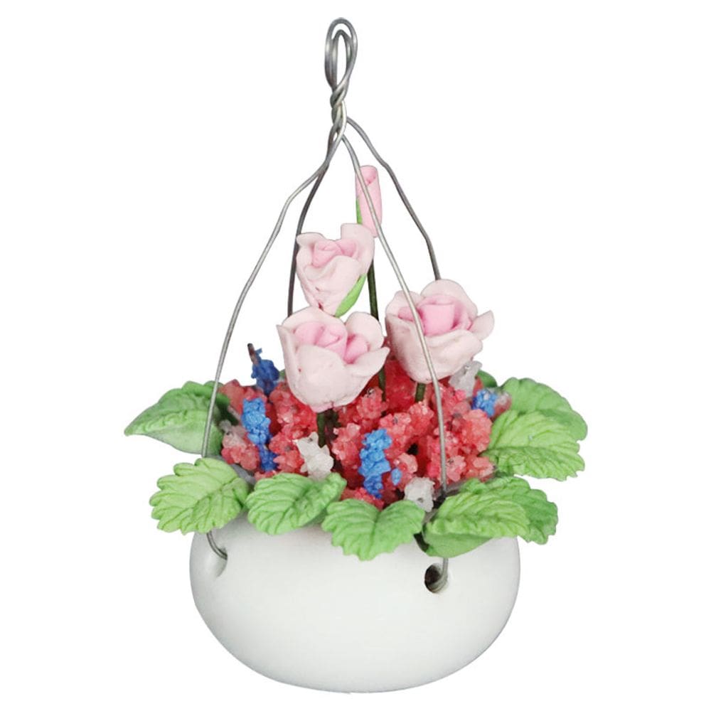Cesta de flores suspensa em miniatura para casa de bonecas em resina em escala 1:12