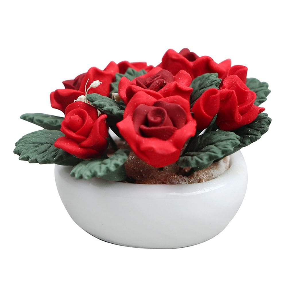 Rosas vermelhas de argila em miniatura em vaso de cerâmica para casa de bonecas 1:12
