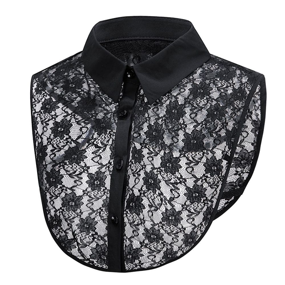 Colar falso, renda destacável, gola pontiaguda preta para mulheres