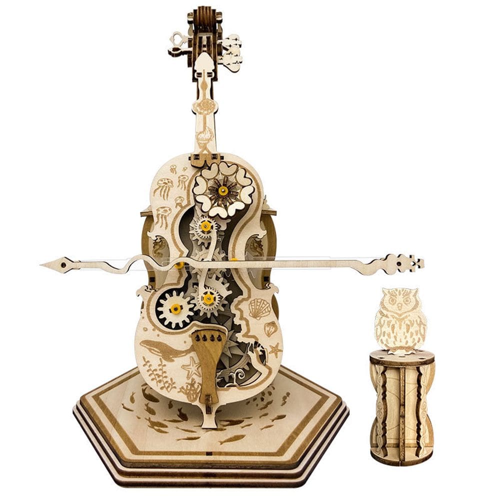 Quebra-cabeça de madeira 3D DIY Cello Music Box Kit Creative Hand-Crank