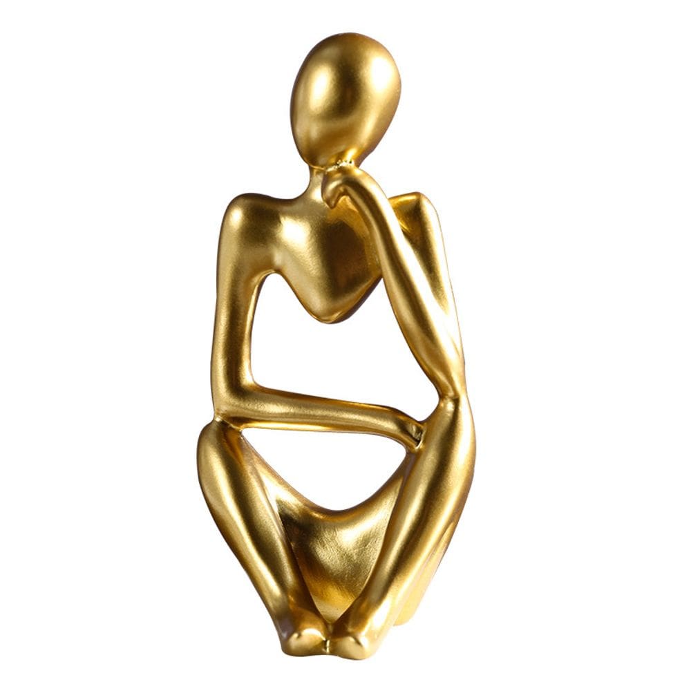 Escultura: figura de pensador abstrato nórdico, resina dourada, 12,5 cm