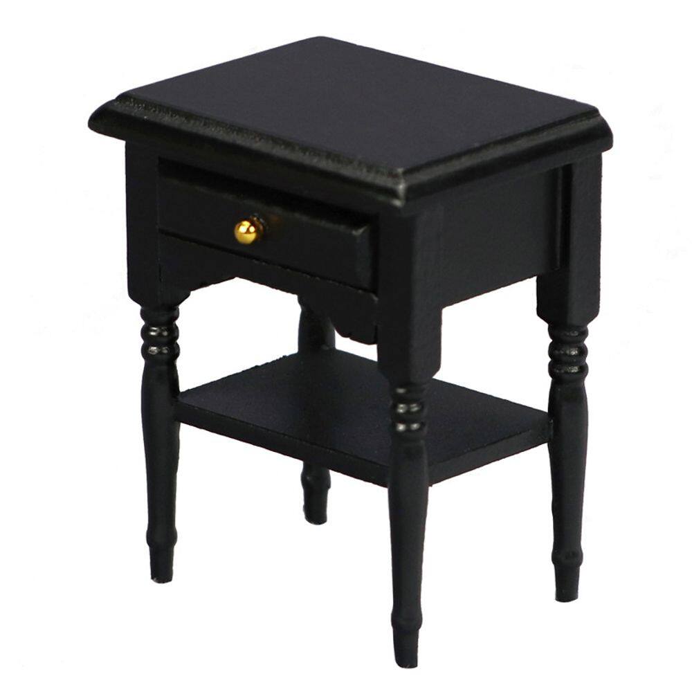 Mobiliário de casa de bonecas em miniatura, mesa de cabeceira de madeira preta