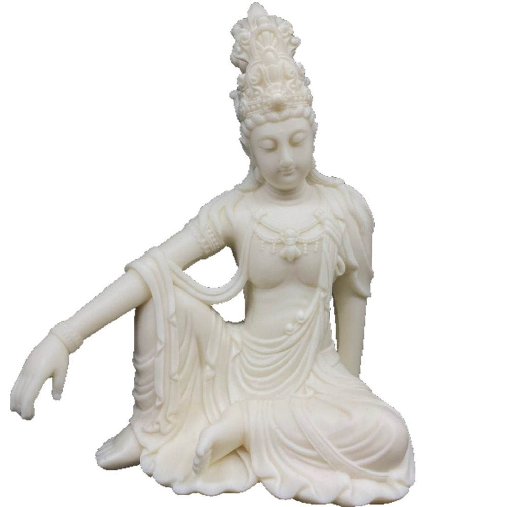 Estatueta de estátua esculpida em marfim, sentada Guanyin, resina de 20 cm
