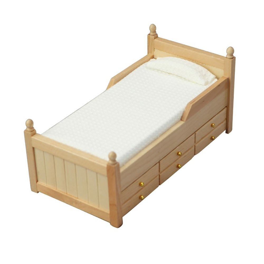 Móveis de casa de bonecas em miniatura, cama individual de madeira com gavetas