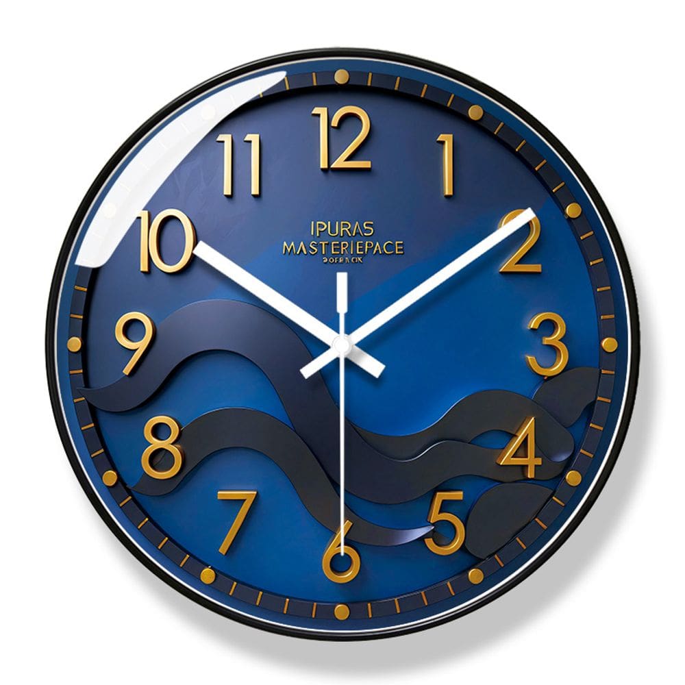 Relógio de parede Modern Wave 30cm redondo azul com números dourados